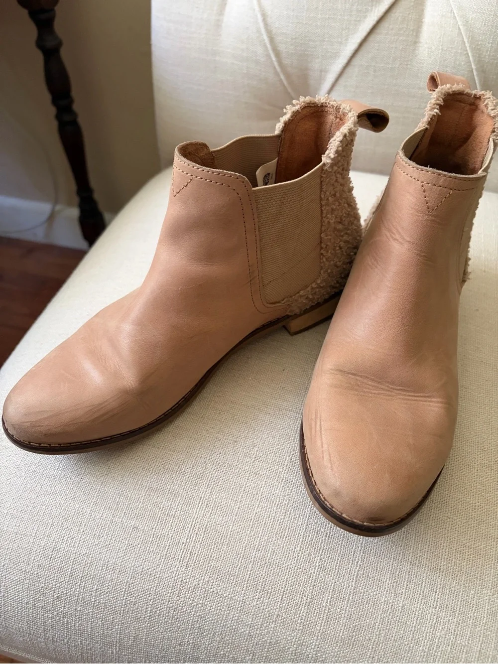 Toms Tan Chelsea Booties with Shearling Heel Accent